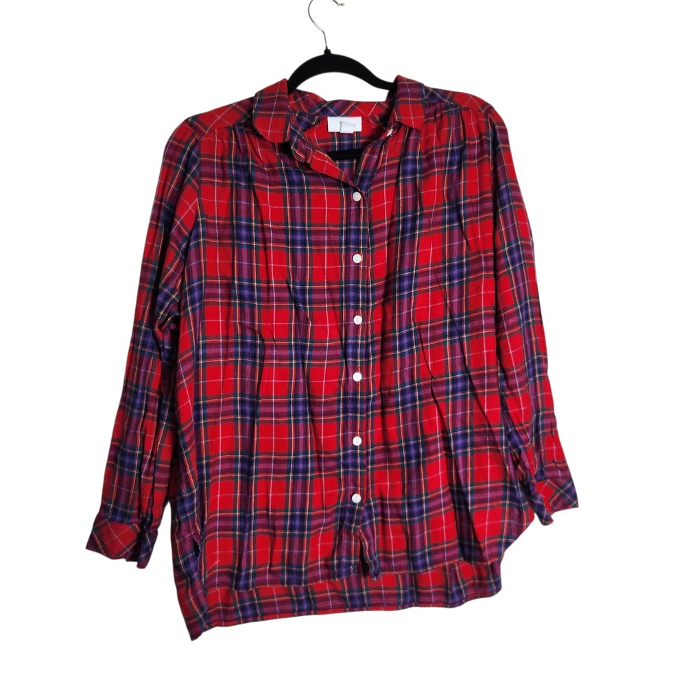 J. Jill Red Plaid Button Down Shirt Womens Medium Petite Cotton Modal L/S